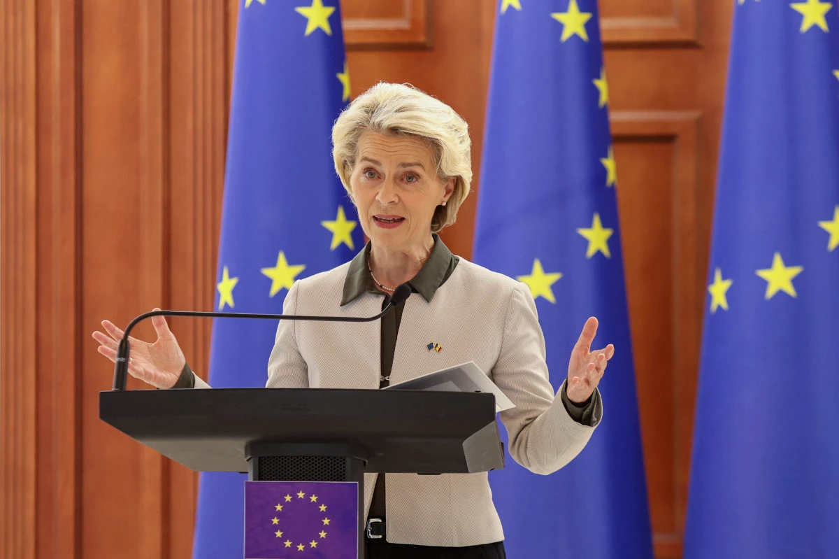 European Commission President Ursula von der Leyen speaks after a meeting with Moldova's President Maia Sandu, in Chisinau, Moldova, on Oct. 12, 2023. (AP Photo)