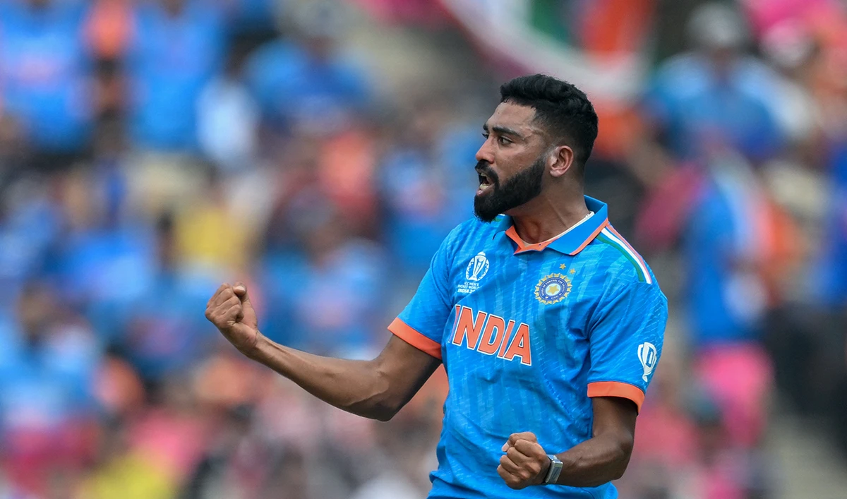 India's Mohammed Siraj celebrates after taking the wicket of Pakistan's Abdullah Shafique during the 2023 ICC Men's Cricket World Cup one-day international (ODI) match between India and Pakistan at the Narendra Modi Stadium in Ahmedabad on October 14, 2023. (AFP)
