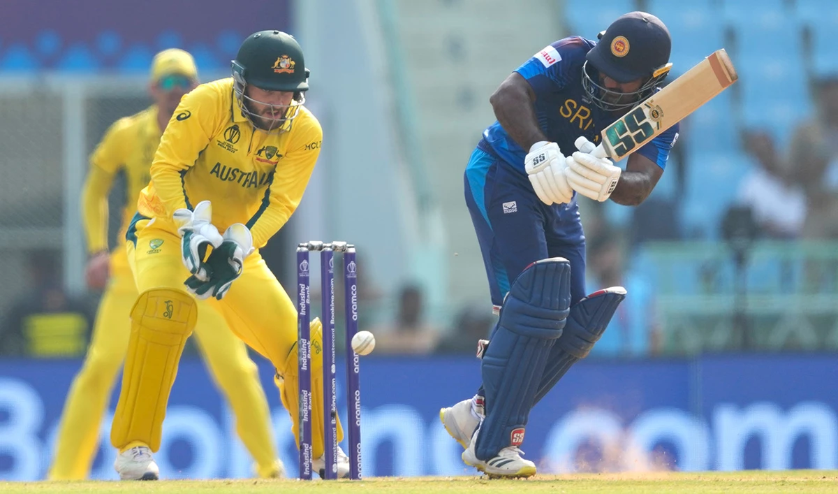 Sri Lanka's Kusal Perera plays a shot during the ICC Men's Cricket World Cup match between Australia and Sri Lanka in Lucknow, India, Monday, Oct. 16, 2023. (AP)