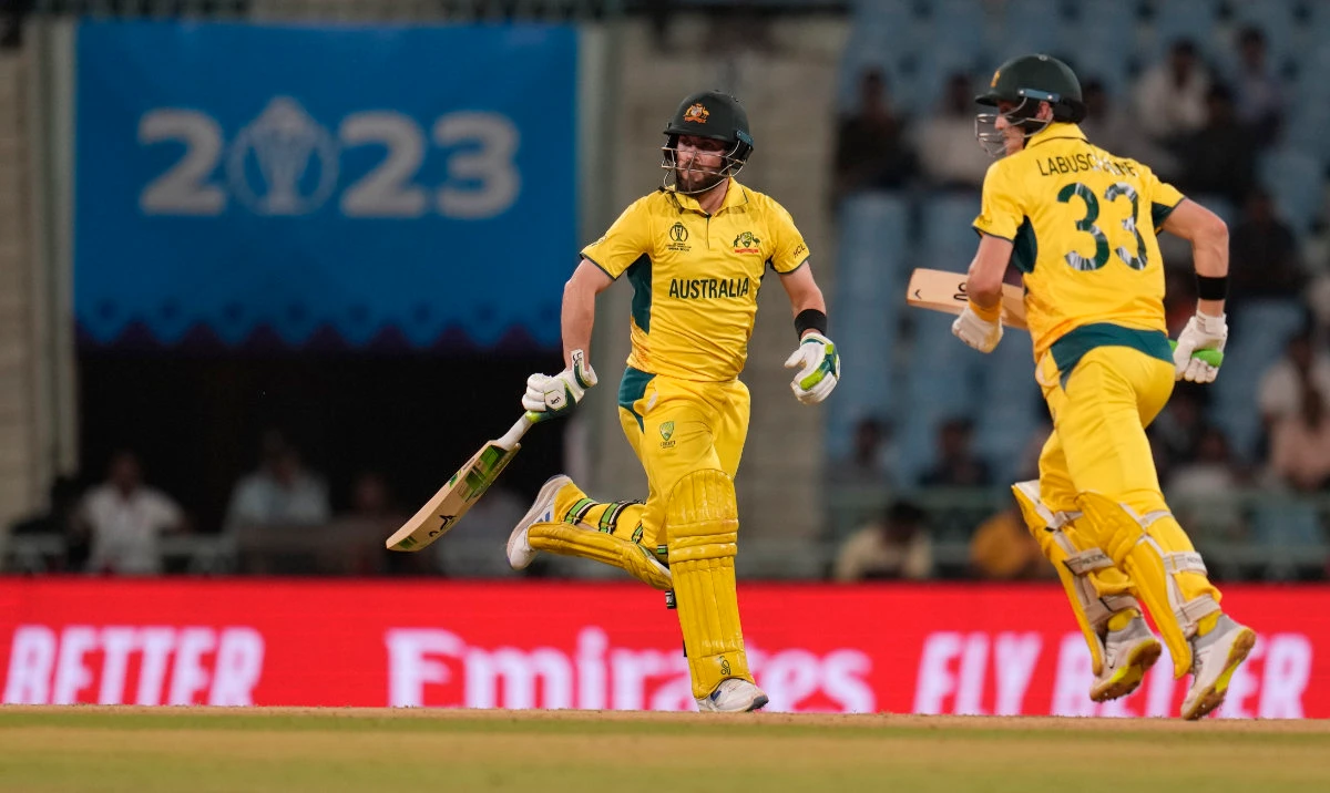 Australia's Josh Inglis and Marnus Labuschagne run between the wickets during the ICC Men's Cricket World Cup match between Australia and Sri Lanka in Lucknow, India, Monday. (AP)