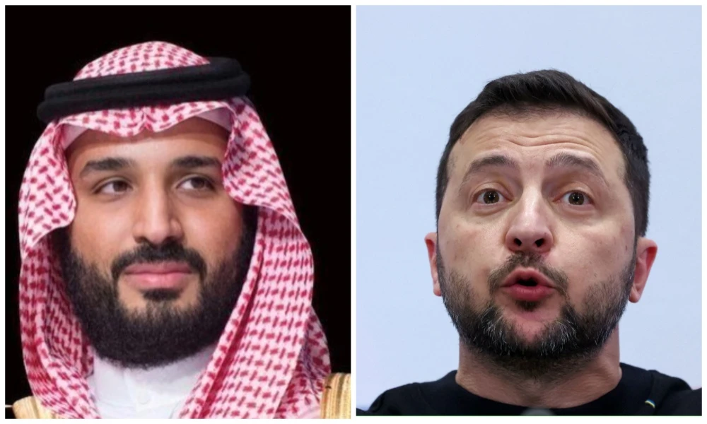 Saudi Arabia’s Crown Prince Mohammed bin Salman and the President of Ukraine Volodymyr Zelensky. (File/SPA/AFP)