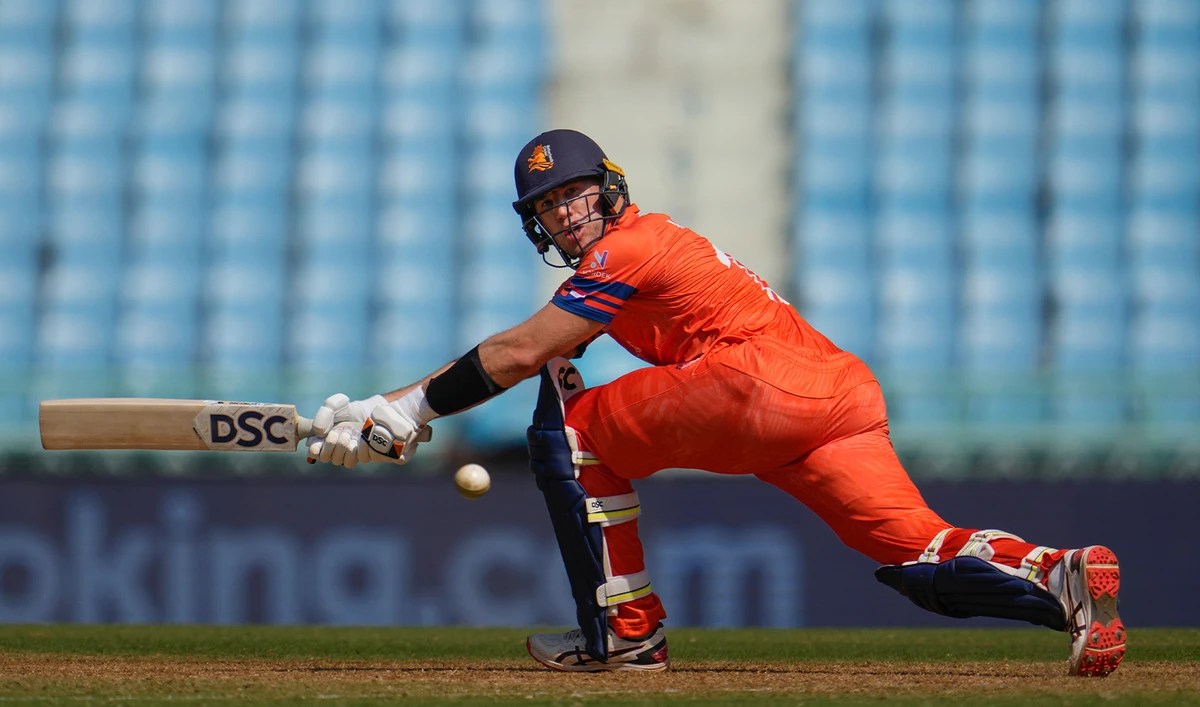 Netherlands' Logan Van Beek plays a shot during the ICC Men's Cricket World Cup match between Sri Lanka and Netherlands in Lucknow, India, on October 21, 2023. (AP/File)