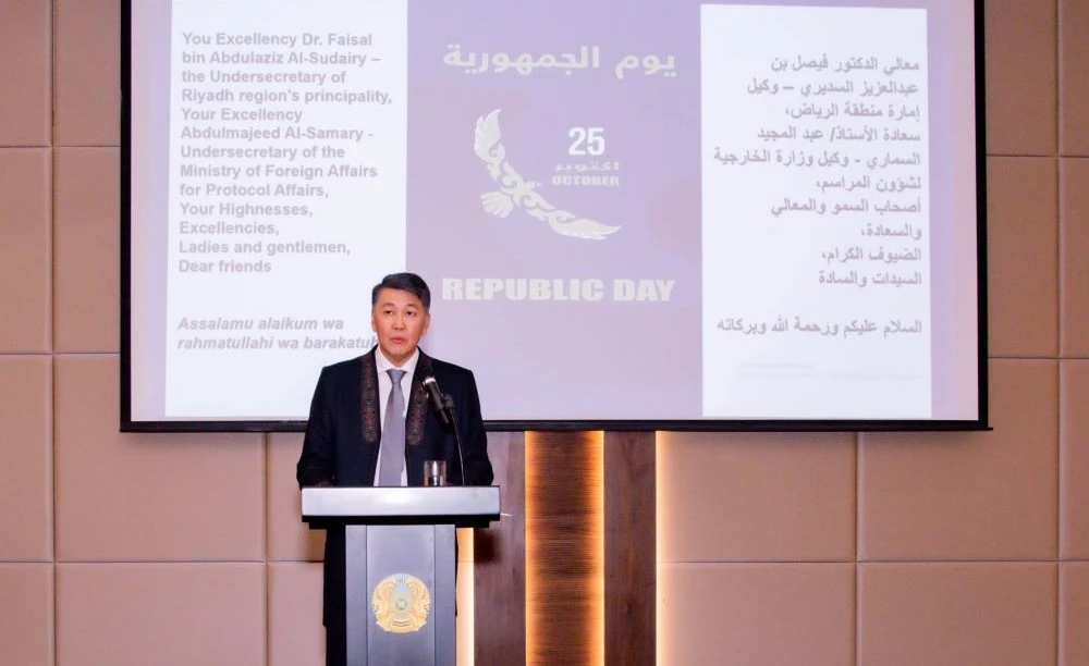 Kazakhstan ambassador Berik Aryn speaking at Republic Day reception in Riyadh. (Supplied)