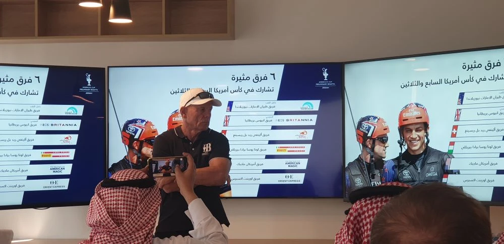 Grant Dalton, CEO of the 37th America’s Cup and head of the Emirates Team New Zealand, addresses the media in Jeddah. (Saudi Sailing Federation)