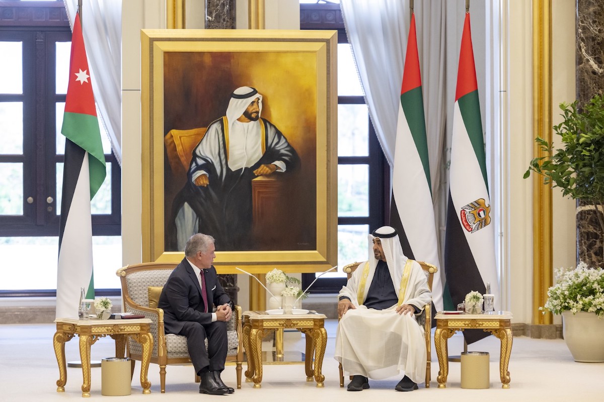Jordan’s King Abdullah and UAE President Sheikh Mohamed bin Zayed Al-Nahyan in Abu Dhabi. (WAM)