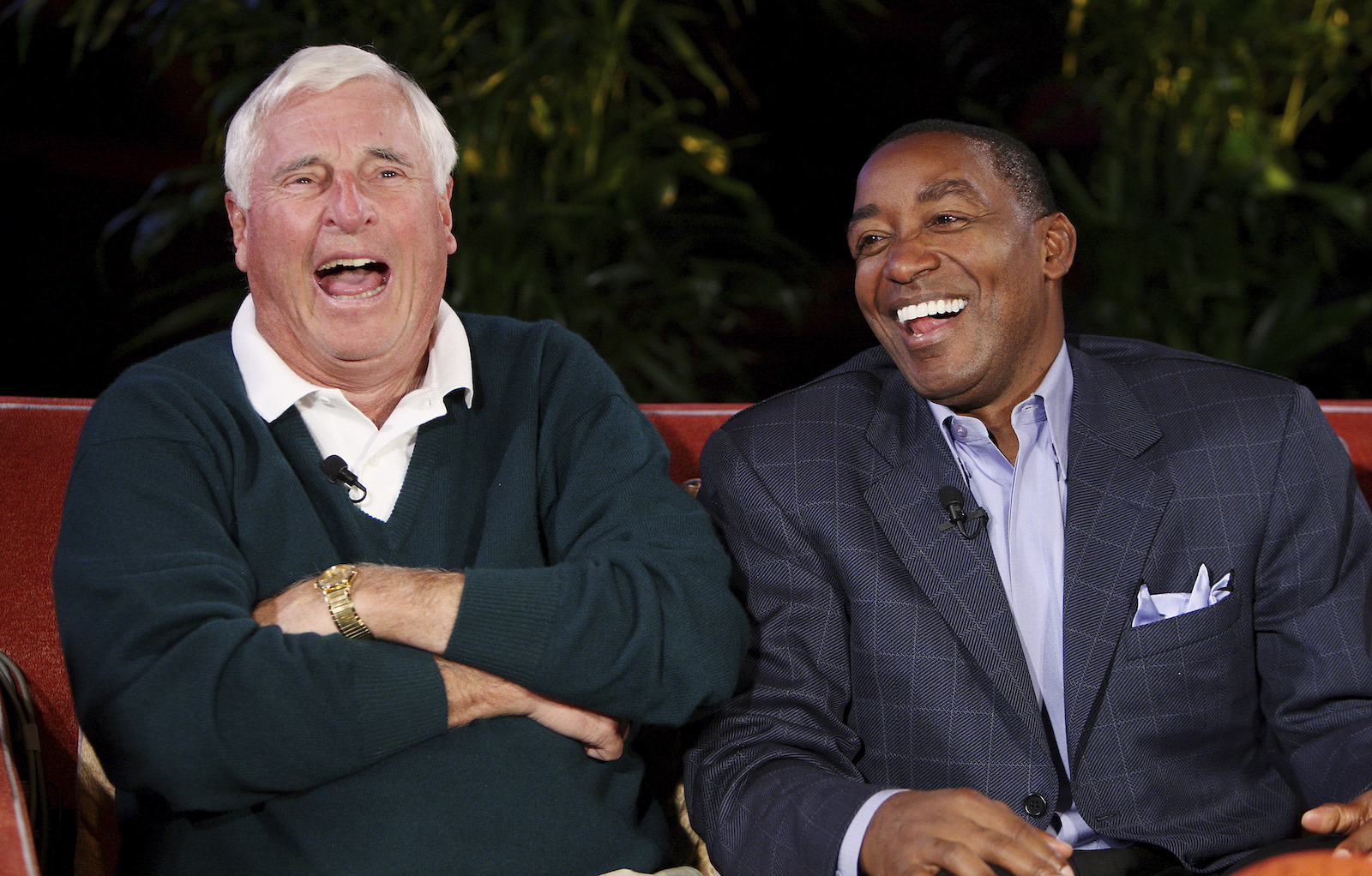 Former Indiana coach Bob Knight, left, and one of his players at Indiana, Isaiah Thomas, during a taping of Billy Packer's "Survive and Advance" television show on March 15, 2009. Knight,who for years was the scowling face of college basketball has died. He was 83. (File/AP)