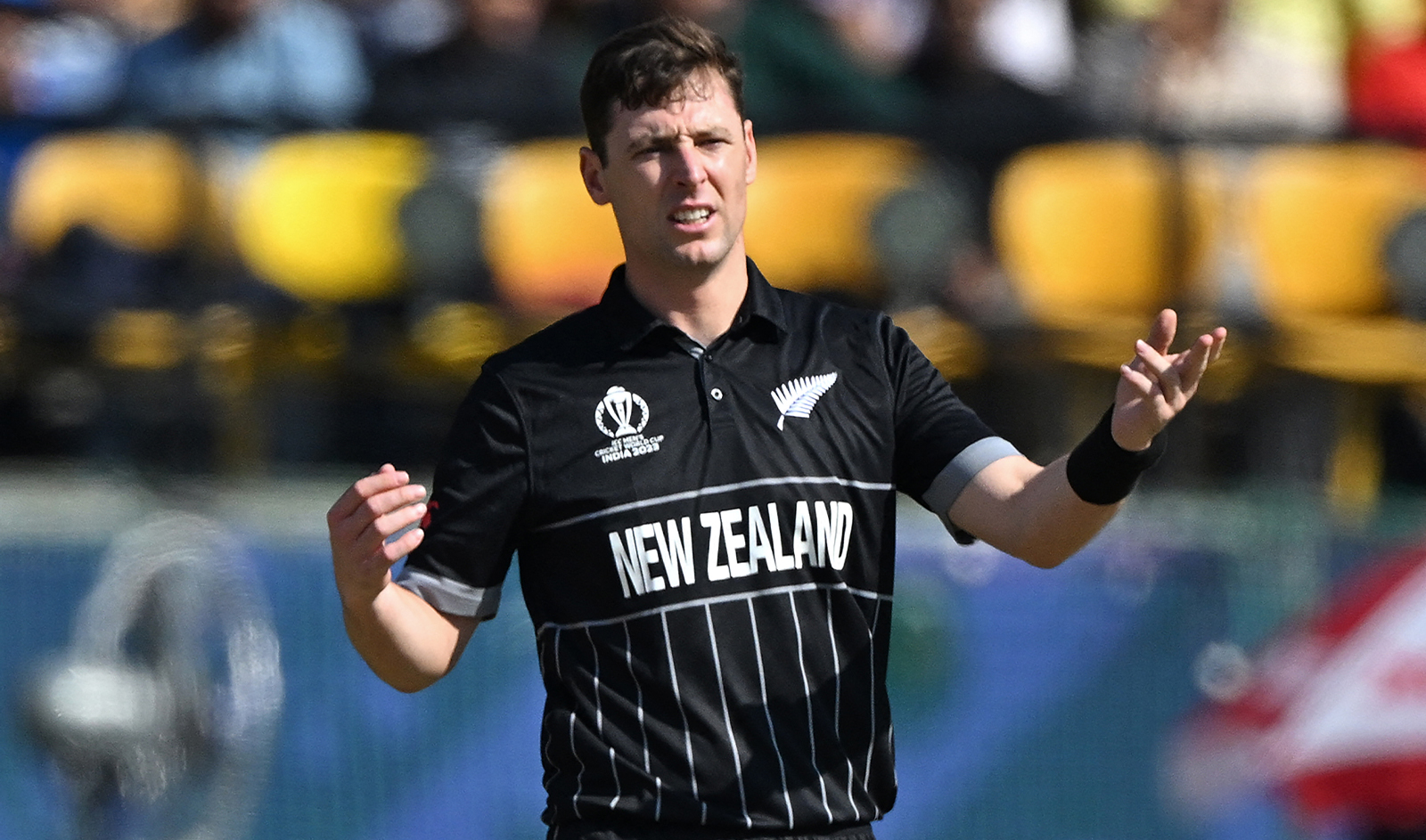 New Zealand's Matt Henry gestures during the 2023 ICC Men's Cricket World Cup one-day international (ODI) match between Australia and New Zealand at the Himachal Pradesh Cricket Association Stadium in Dharamsala on October 28, 2023. (AFP/File)