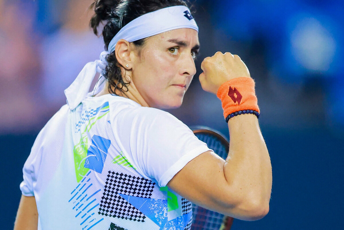 Ons Jabeur of Tunisia reacts as she competes against Vera Zvonareva of Russia during the women's singles quarter-final match at WTA Ningbo Open tennis tournament in Ningbo, in China's (AFP)