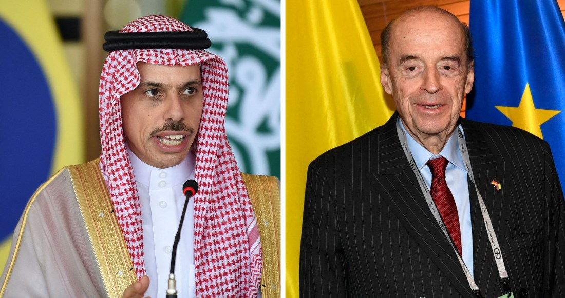 Saudi Arabia’s Foreign Minister Prince Faisal bin Farhan spoke with his Colombian counterpart Alvaro Leyva Duran. (FILE/AFP)