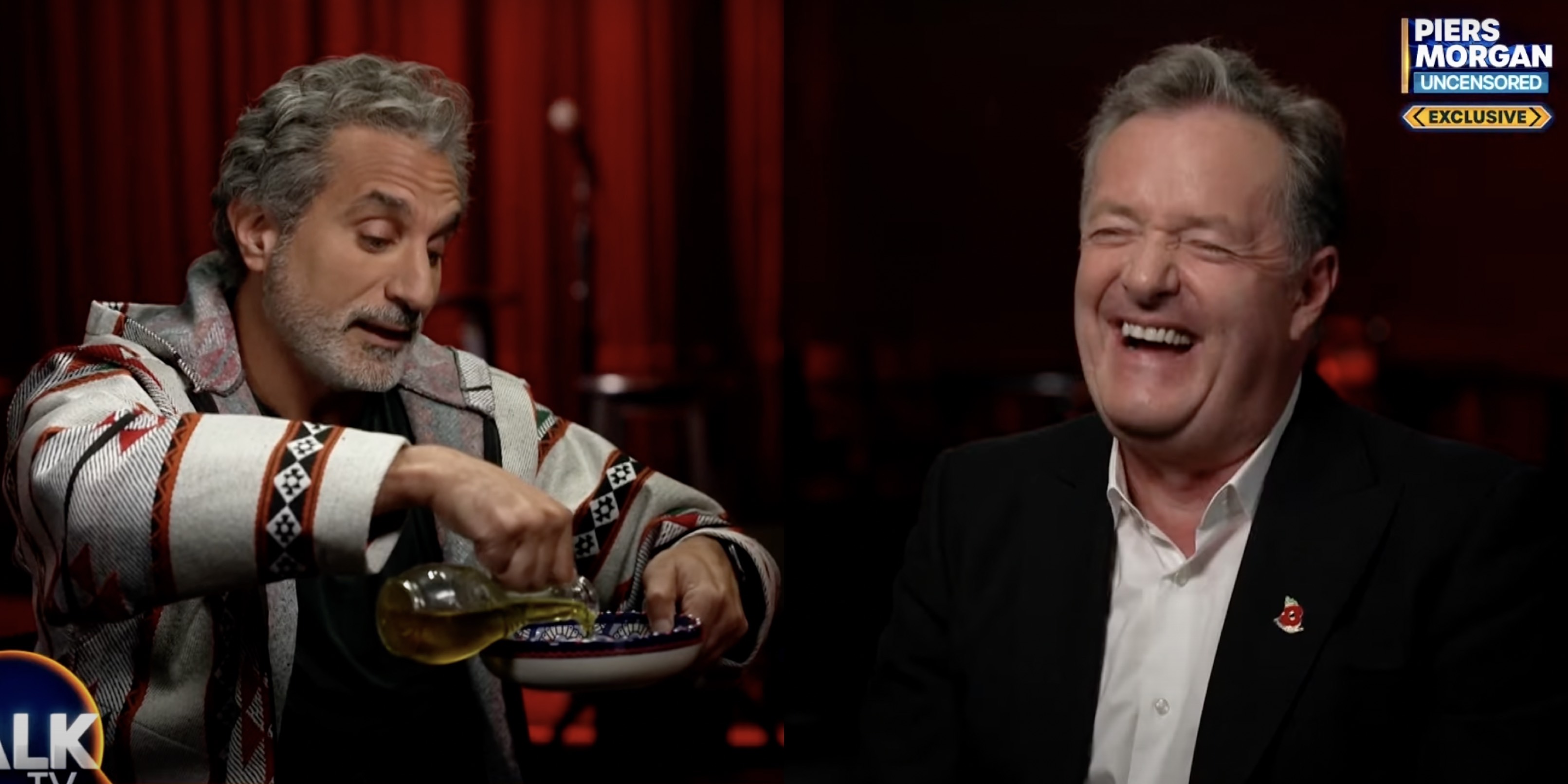 Youssef is seen gifting the television host with a jug of olive oil from the West Bank. (Screenshot)