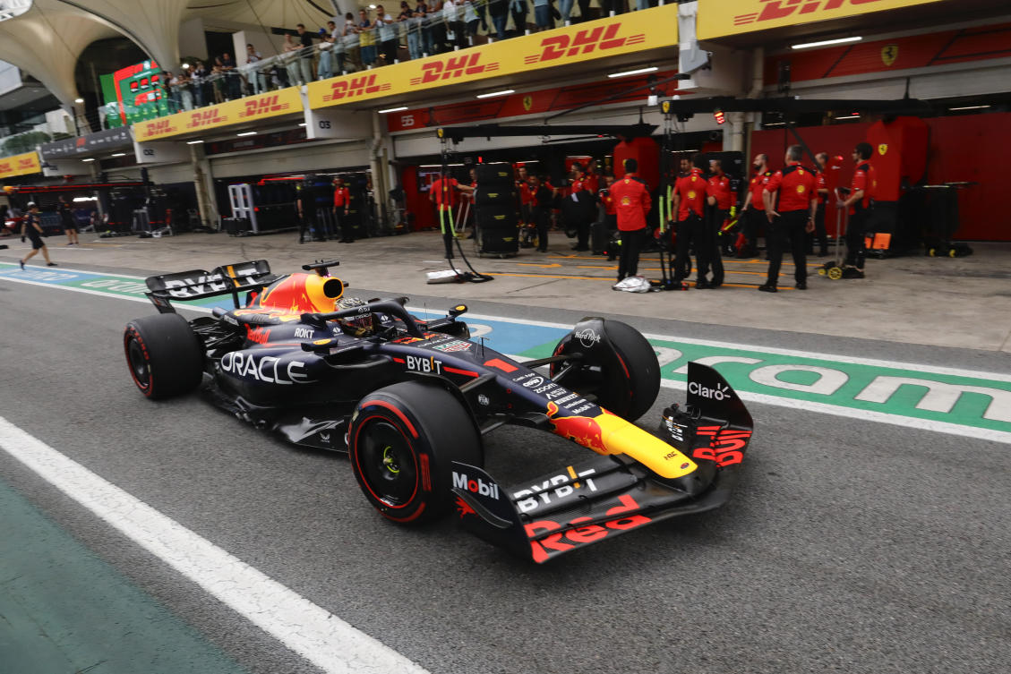 Red Bull driver Max Verstappen of the Netherlands steers his car along the pit lane during the qualifying session at the Interlagos in Sao Paulo, Brazil. (AP)