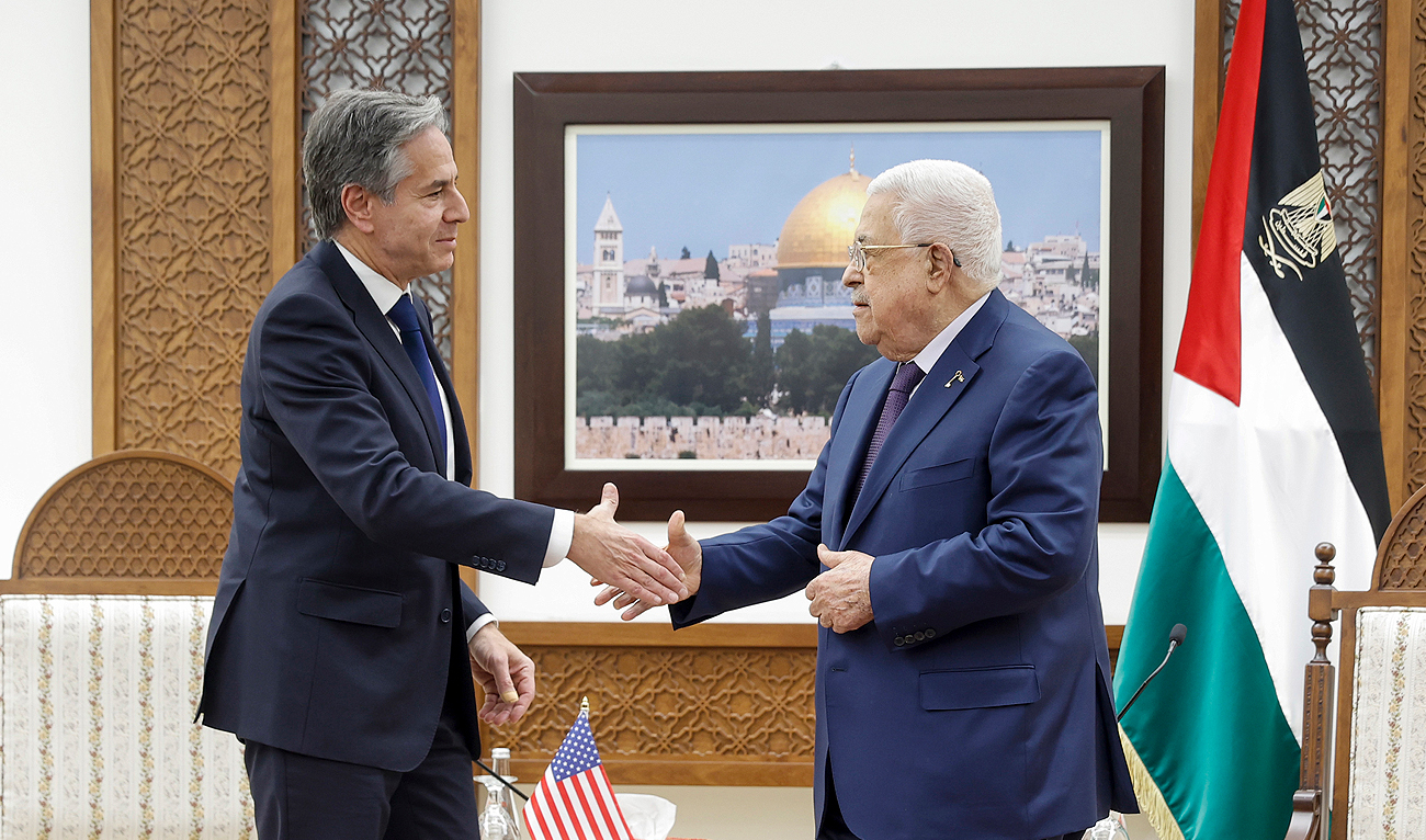 US Secretary of State Antony Blinken meets with Palestinian President Mahmoud Abbas amid the ongoing conflict between Israel and the Palestinian Islamist group Hamas, at the Muqata in Ramallah in the Israeli-occupied West Bank, Sunday, Nov. 5, 2023. (AP)