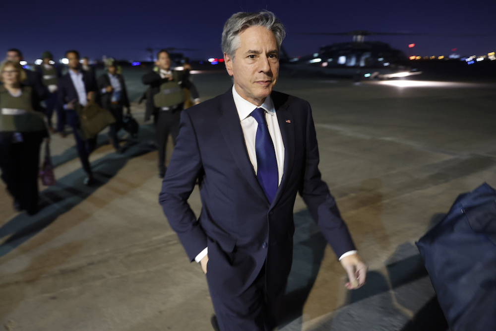 US Secretary of State Antony Blinken made a surprise visit to Baghdad on Sunday following a trip to the occupied West Bank earlier in the day. (AP)