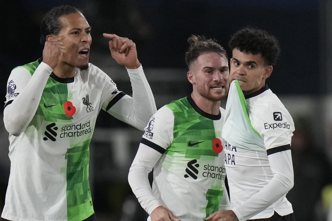 Liverpool’s Luis Diaz celebrates after scoring his side’s first goal during the English Premier League soccer match between Luton Town and Liverpool, at Kenilworth Road, Luton. (AP)