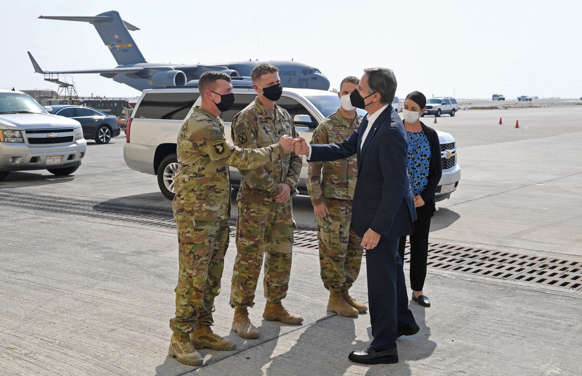 US Secretary of State Antony Blinken greets military personnel at al-Udeid Air Base in the Qatari capital Doha on September 7, 2021. (File/AFP)