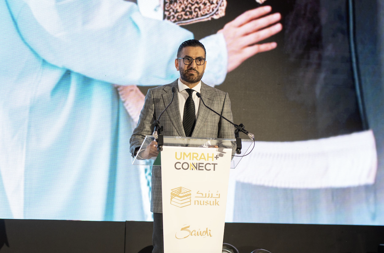 The CEO of the Saudi Tourism Authority Fahd Hamidaddin speaks at the Umrah+ Connect event on Sunday. (Umrah+ Connect)