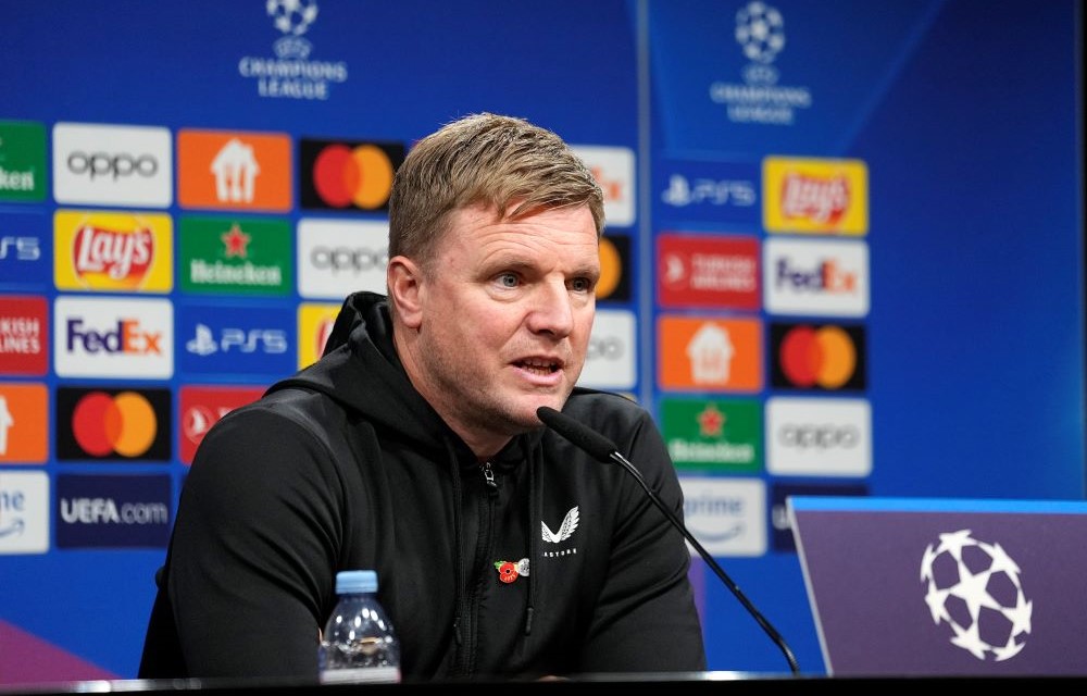 Eddie Howe attends a press conference ahead of the Champions League Group F game between Borussia Dortmund and Newcastle United, Dortmund, Germany, Monday, Nov. 6, 2023. (AP Photo)