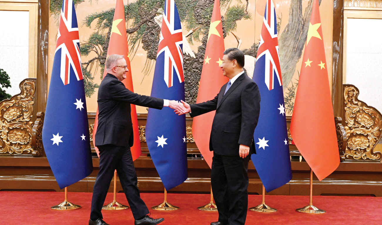 Australia’s PM Anthony Albanese shakes hands with China’s President Xi Jinping at the Great Hall of the People in Beijing, China, on Monday. (Reuters)
