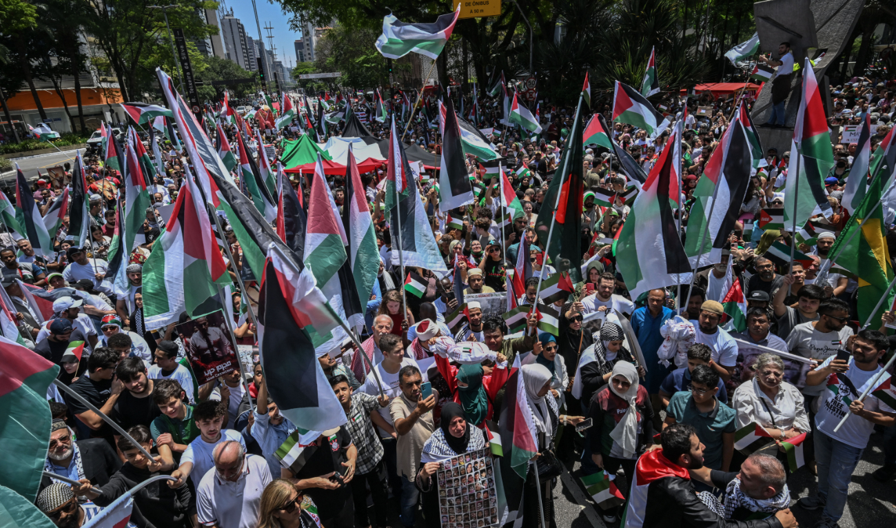 People take part in a demonstration against Israel’s military offensive in the Gaza Strip in Sao Paulo, Brazil, on October 22, 2023. (AFP)
