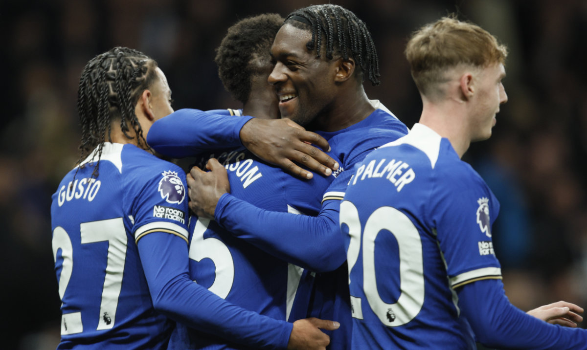 Chelsea's Nicolas Jackson celebrates with Chelsea's Lesley Ugochukwu after scoring his side's fourth goal during the English Premier League soccer match between Tottenham Hotspur and Chelsea, at Tottenham Hotspur Stadium, London, Monday, Nov. 6, 2023. (AP)