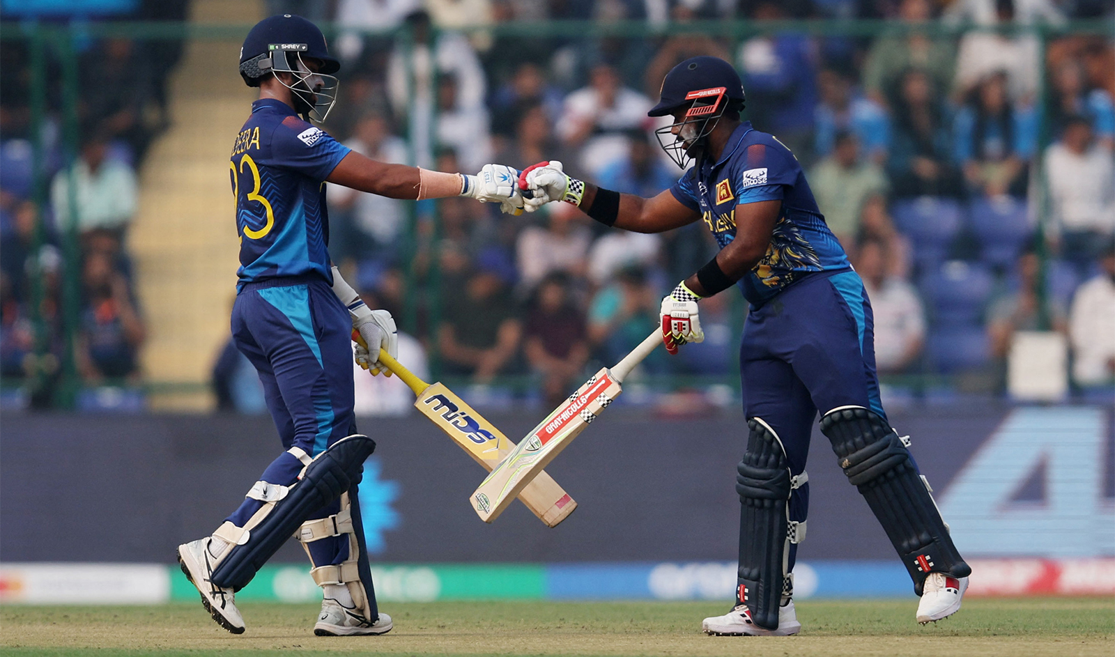 Sri Lanka's Charith Asalanka and Sadeera Samarawickrama in action during ICC Cricket World Cup 2023 match in Bangladesh v Sri Lanka at Arun Jaitley Stadium in New Delhi, India, on November 6, 2023. (REUTERS)