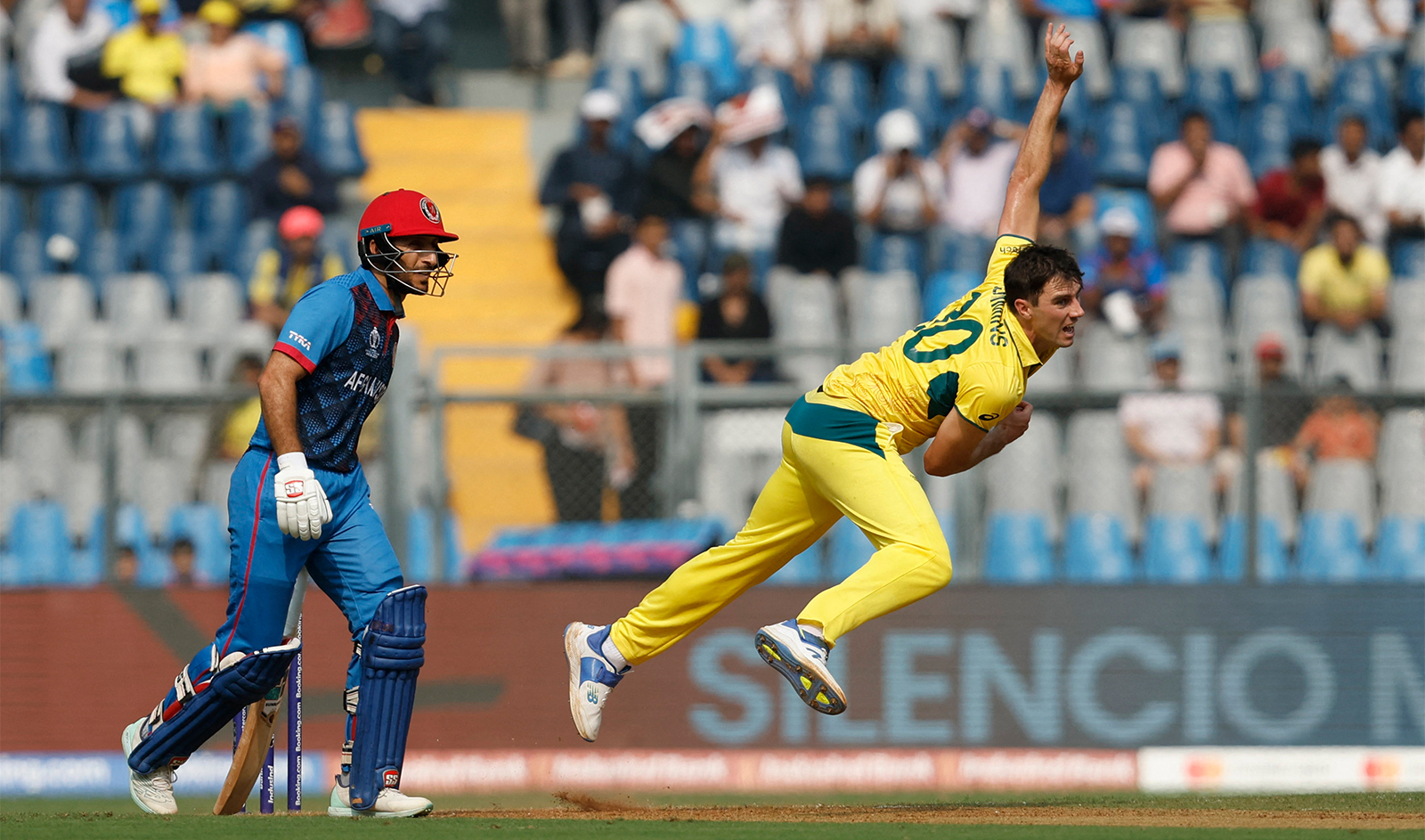Australia's Pat Cummins in action during ICC Cricket World Cup 2023 match between Australia and Afghanistan at Wankhede Stadium, in Mumbai, India on November 7, 2023. (REUTERS)