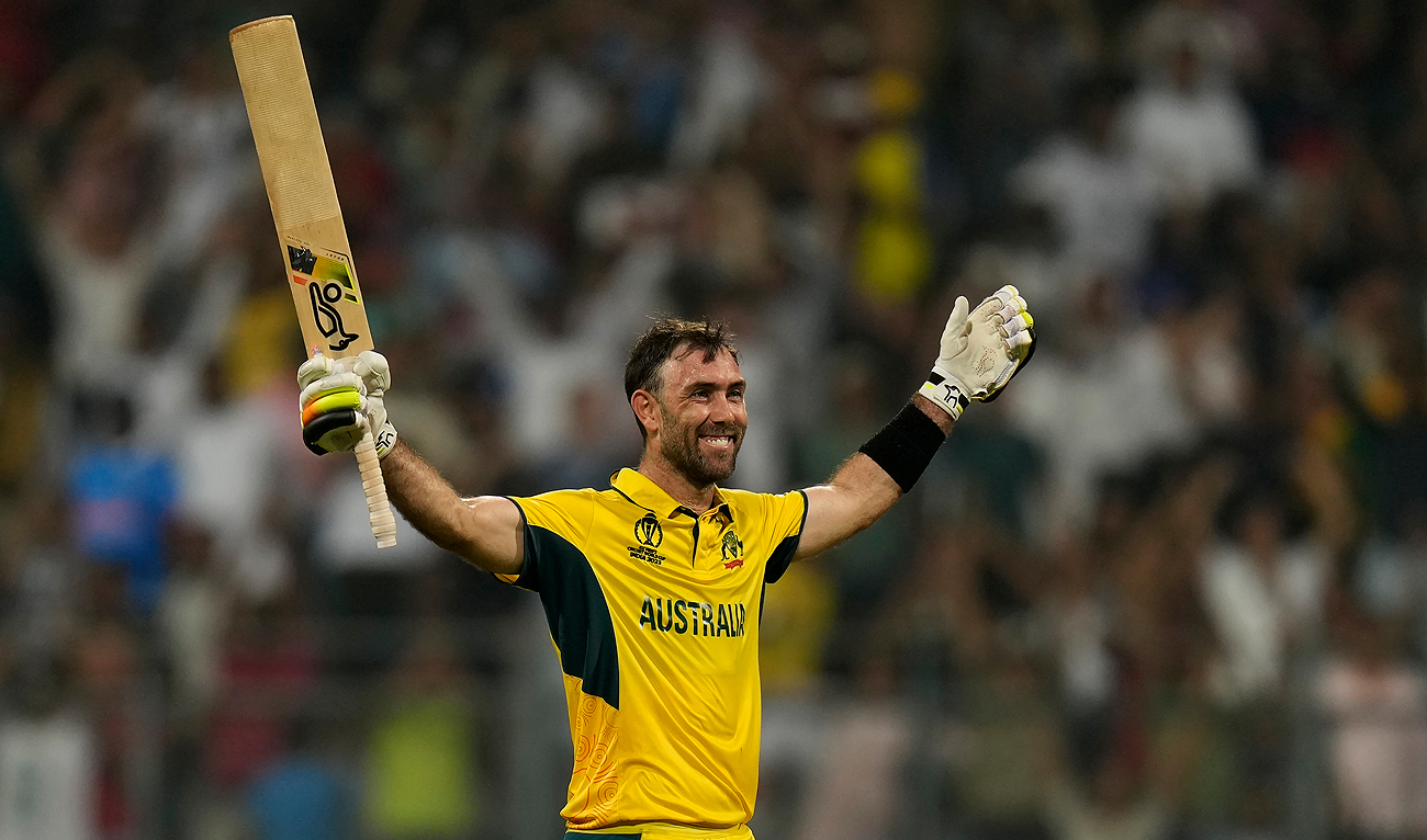 Australia's Glenn Maxwell celebrates after their win in the ICC Men's Cricket World Cup match against Afghanistan in Mumbai, India, Tuesday, Nov. 7, 2023. (AP)