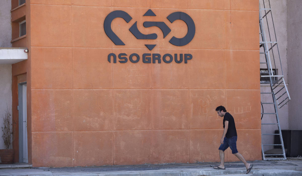 A logo adorns a wall on a branch of the Israeli NSO Group company, near the southern Israeli town of Sapir, Aug. 24, 2021. (AP)