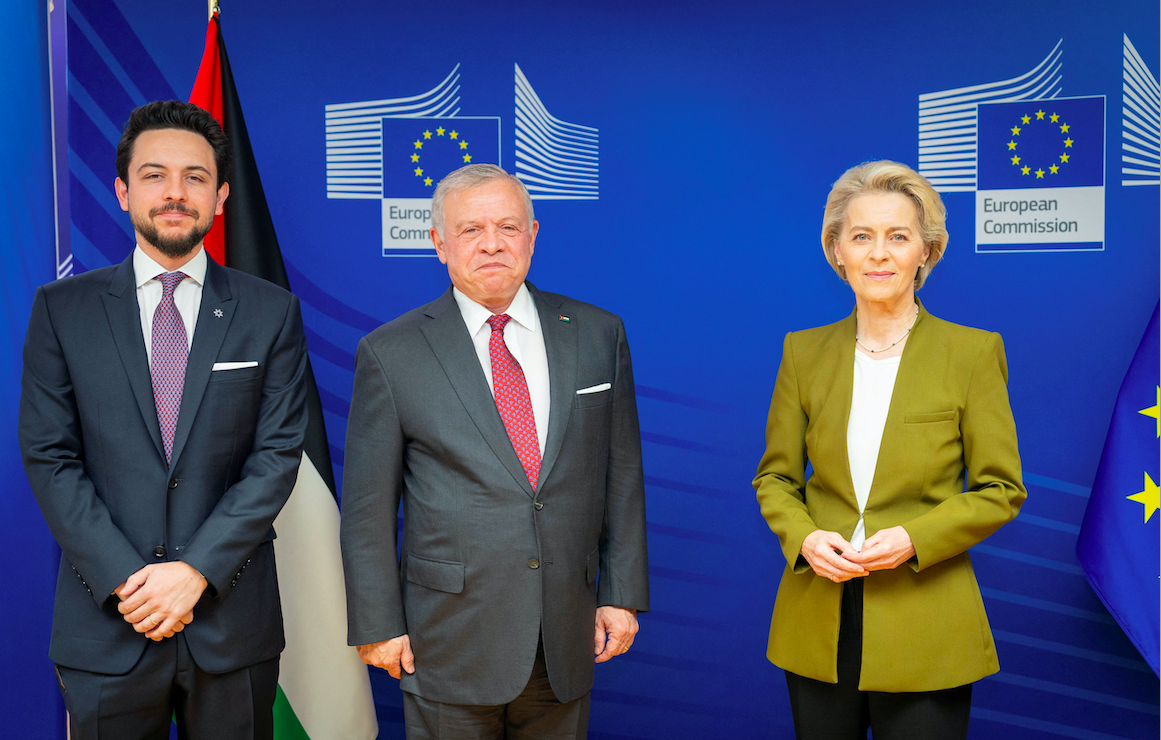 Jordan's King Abdullah II and Crown Prince Hussein with European Commission President Ursula von der Leyen in Brussels. Reuters.