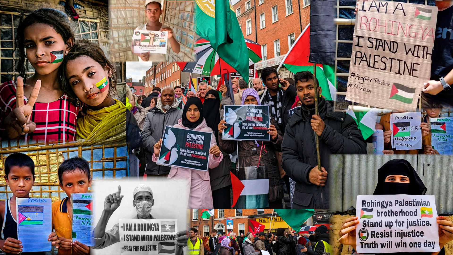 Collage of photos of Rohingya from Bangladesh to Ireland showing solidarity this week with Palestinians amid Israel’s deadly military campaign in Gaza. (Korim Ullah)