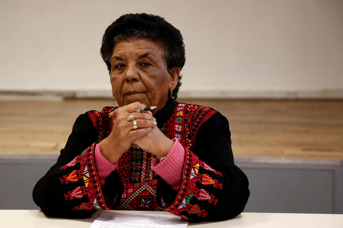 Mariam Abudaqa, a Palestinian political activist in Gaza and member of the Popular Front for the Liberation of Palestine, attends a news conference in Paris, France, November 7, 2023. (REUTERS)