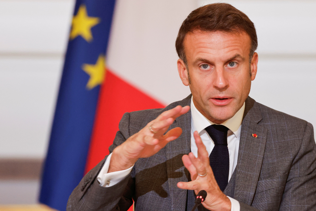 French President Emmanuel Macron speaks during an international humanitarian conference for civilians in Gaza, at the Elysee Presidential Palace, in Paris. (Reuters)