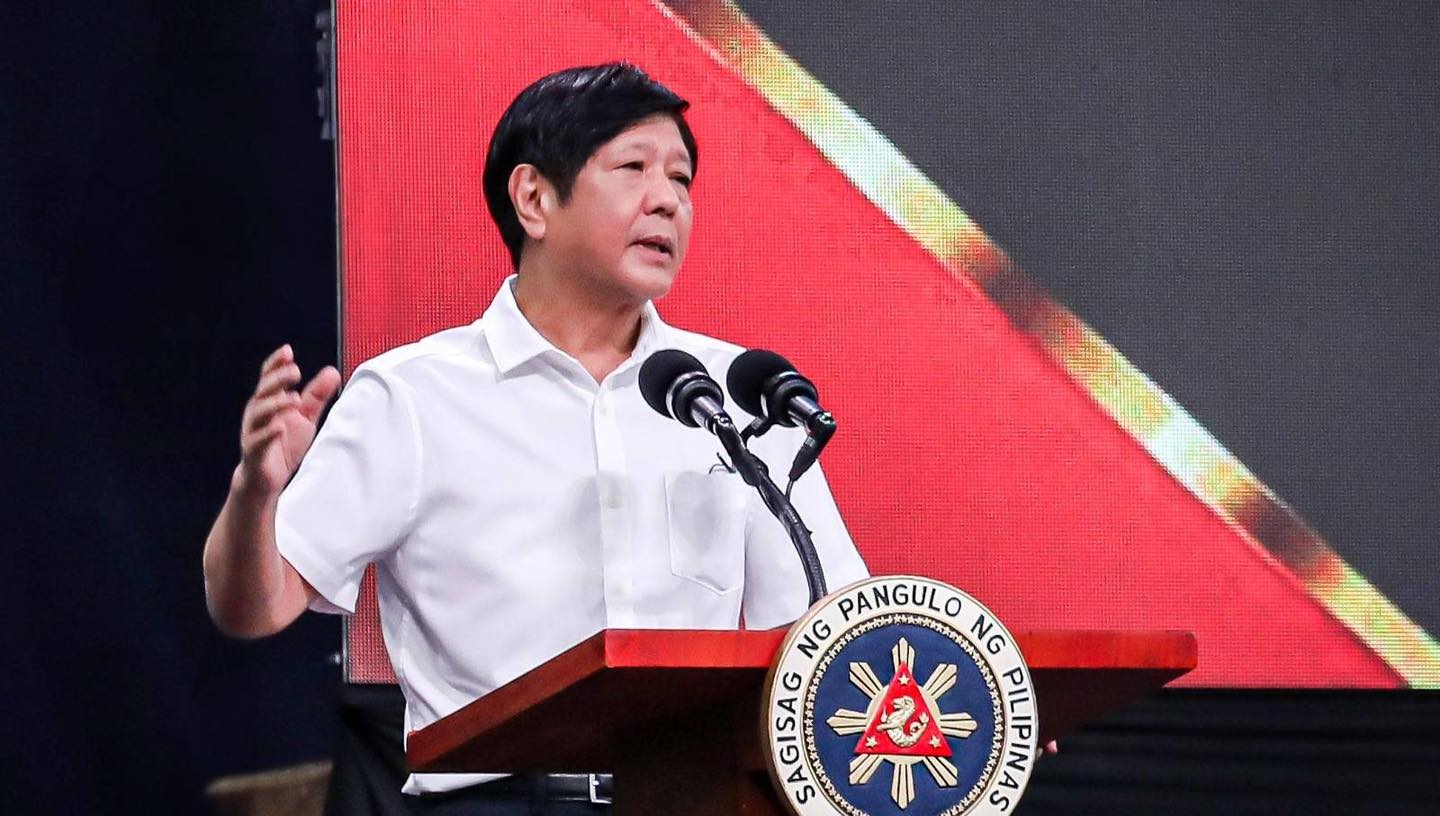 President Ferdinand Marcos Jr. addresses a crown in Tacloban City on Nov. 8, 2023. (Presidential Communications Office)