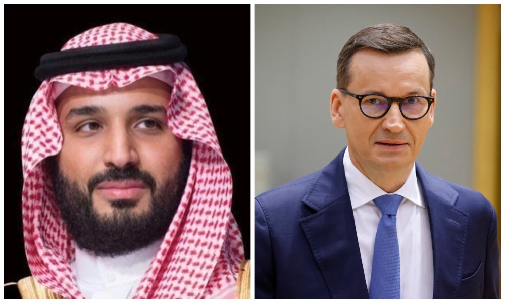 Saudi Arabia’s Crown Prince Mohammed bin Salman and Polish Prime Minister Mateusz Morawiecki. (SPA/AFP)