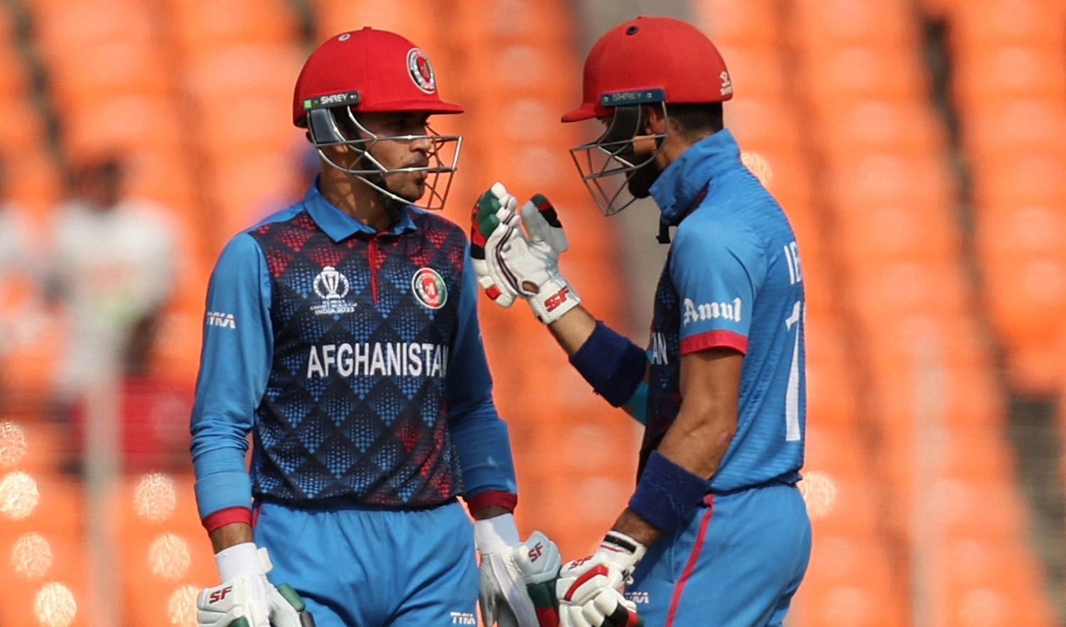 Afghanistan's Rahmanullah Gurbaz and Ibrahim Zadran during an ICC Cricket World Cup 2023 match again South Africa at Narendra Modi Stadium in Ahmedabad, India on November 10, 2023. (REUTERS)