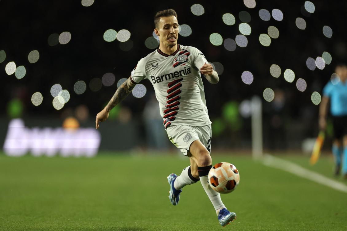 Bayer Leverkusen’s Spanish defender Alejandro Grimaldo controls the ball during their UEFA Europa League Group H match against Qarabagh at Tofiq Bahramov Republican Stadium in Baku on Nov. 9, 2023. (AFP)