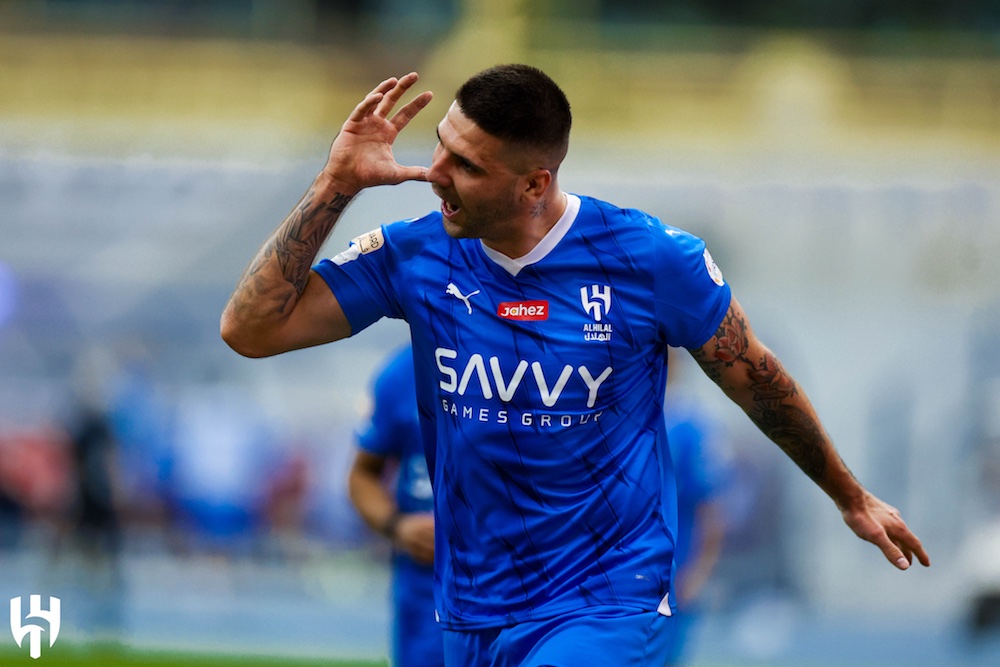 Aleksandar Mitrovic celebrates scoring Al-Hilal's opener against Al-Taawoun. (X/@Alhilal_EN)
