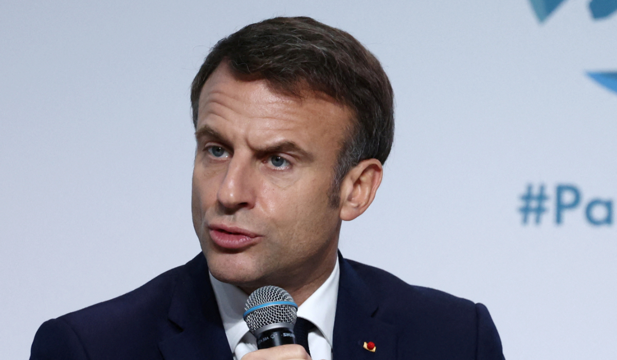 French President Emmanuel Macron delivers a speech for the opening ceremony of the 6th edition of the Paris Peace Forum at the Palais Brongniart in Paris, France, November 10, 2023. (REUTERS)