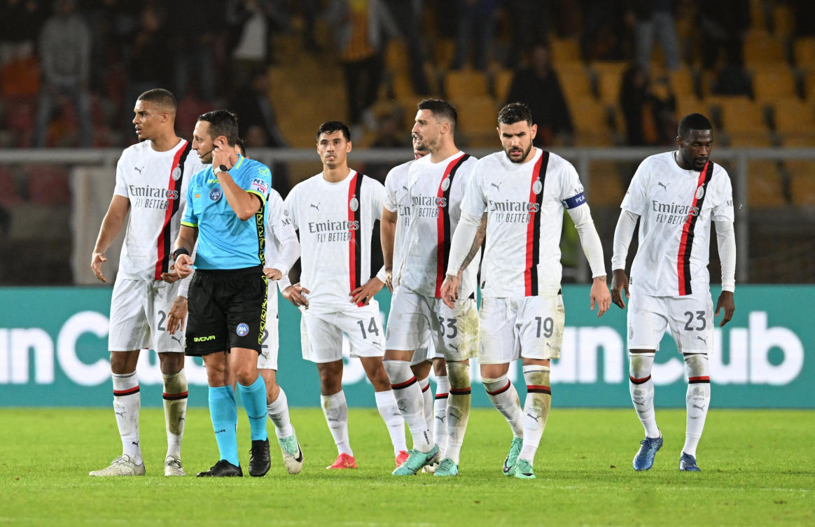 AC Milan’s Theo Hernandez with teammates wait on a VAR review before Lecce’s Roberto Piccoli goal was disallowed during their Serie A — match at Stadio Via del mare, Lecce on Nov. 11, 2023. (Reuters)