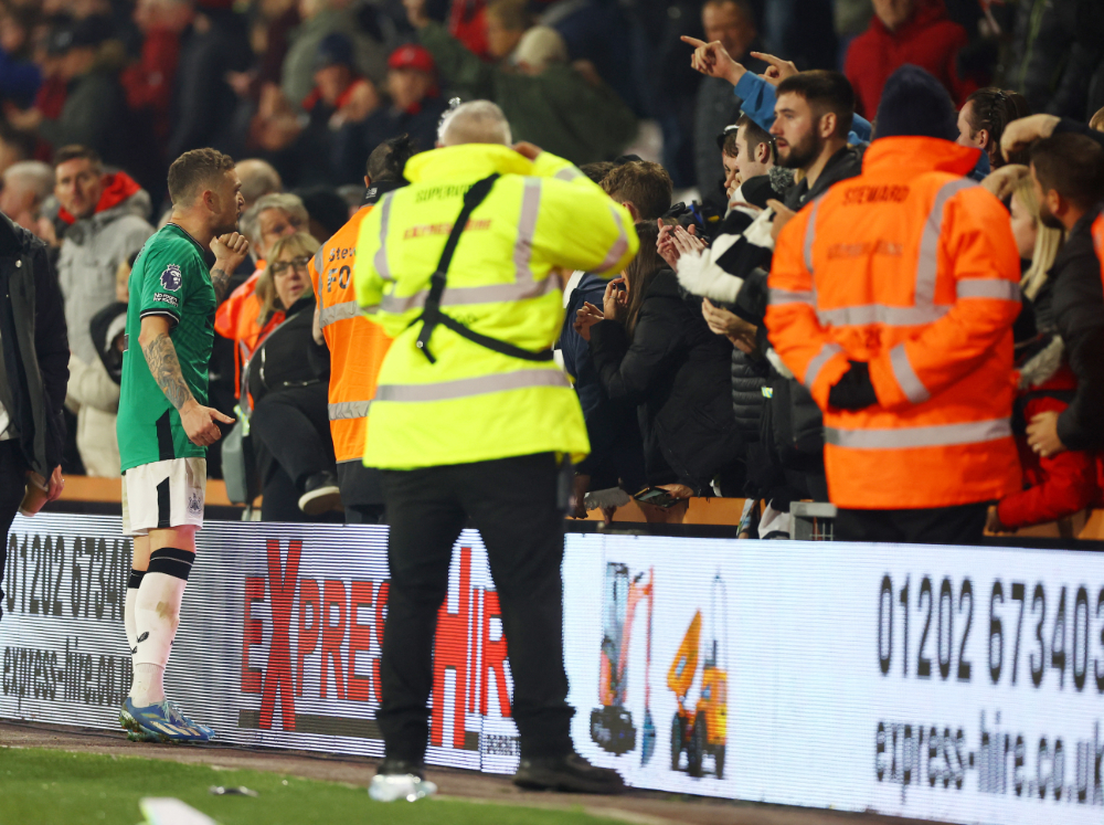 Newcastle United’s Kieran Trippier in conversation with a fan after the Magpies lost. (Action Images/Reuters)