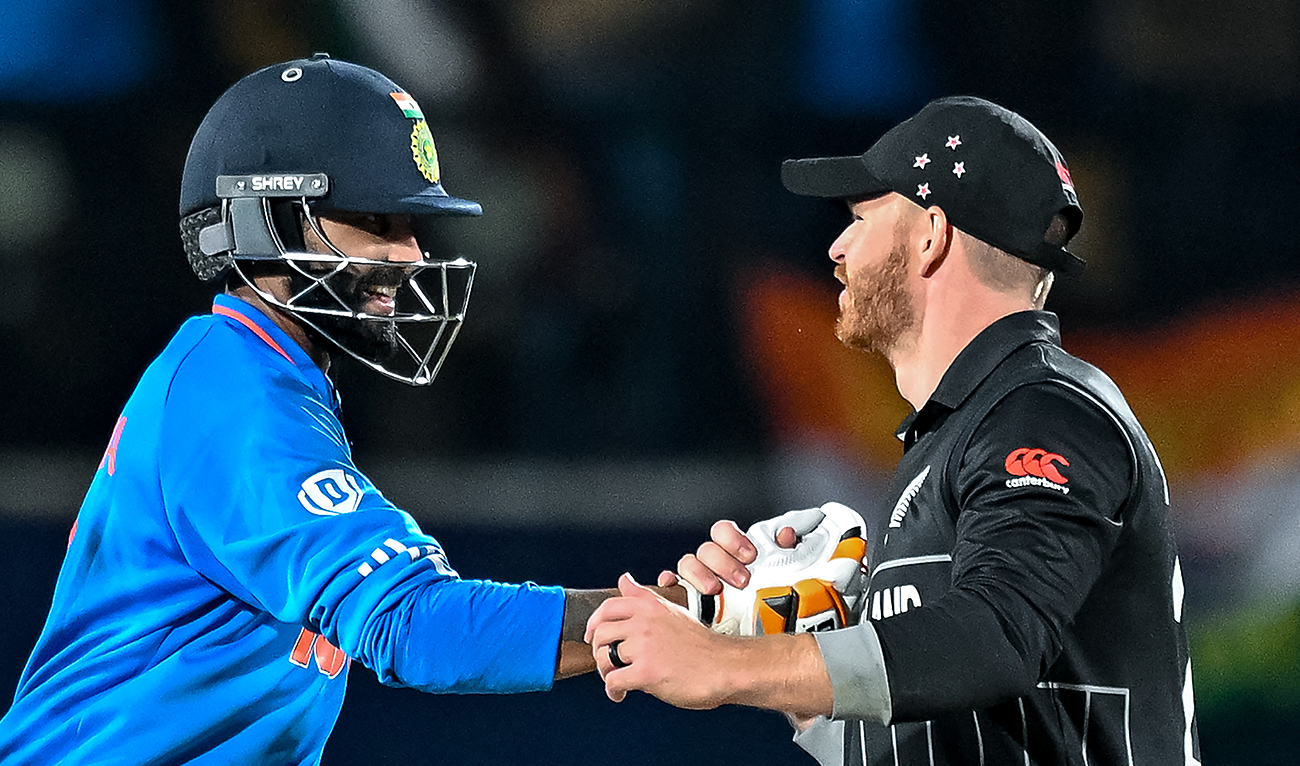 India's Ravindra Jadeja (L) greets New Zealand's Glenn Phillips at the end of the 2023 ICC Men's Cricket World Cup one-day international (ODI) match between India and New Zealand at the Himachal Pradesh Cricket Association Stadium in Dharamsala on October 22, 2023. (AFP/File)
