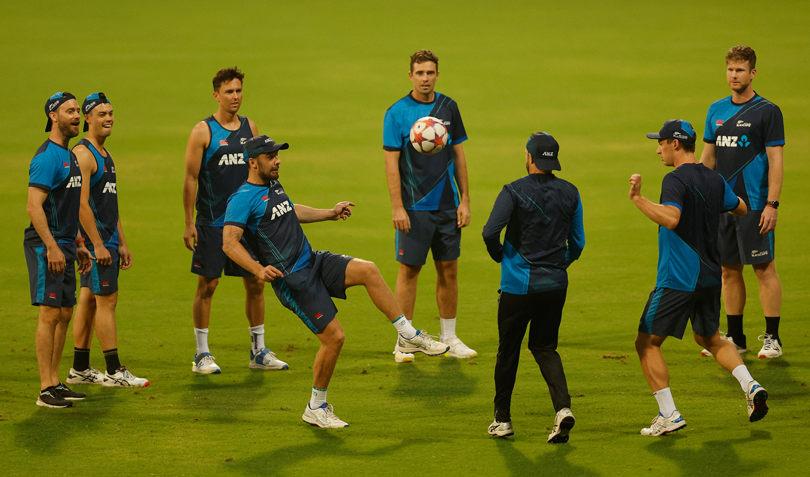 New Zealand players during practice before semi final match with India at Wankhede Stadium in Mumbai, India on November 13, 2023. (REUTERS)