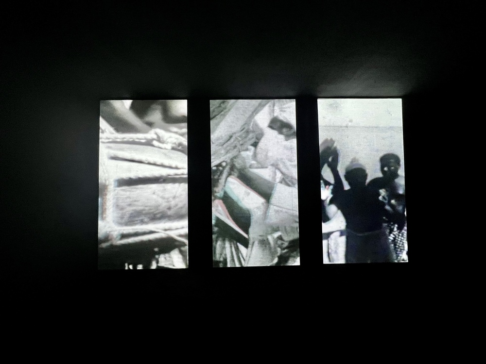 Inspired by the art of the split screen, as she recalls in watching Kill Bill at the age of 7, Alghanim’s work is displayed on three screen panels, each working to create a nuanced experience of the material. (AN Photo)