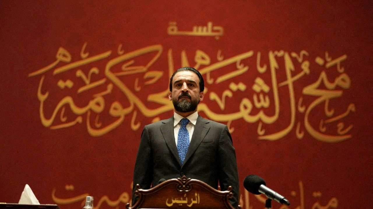 Iraqi speaker of Parliament Mohammed Al-Halbousi appears during a vote in Sudani’s cabinet at the parliament in Baghdad, Iraq. (File/Reuters)