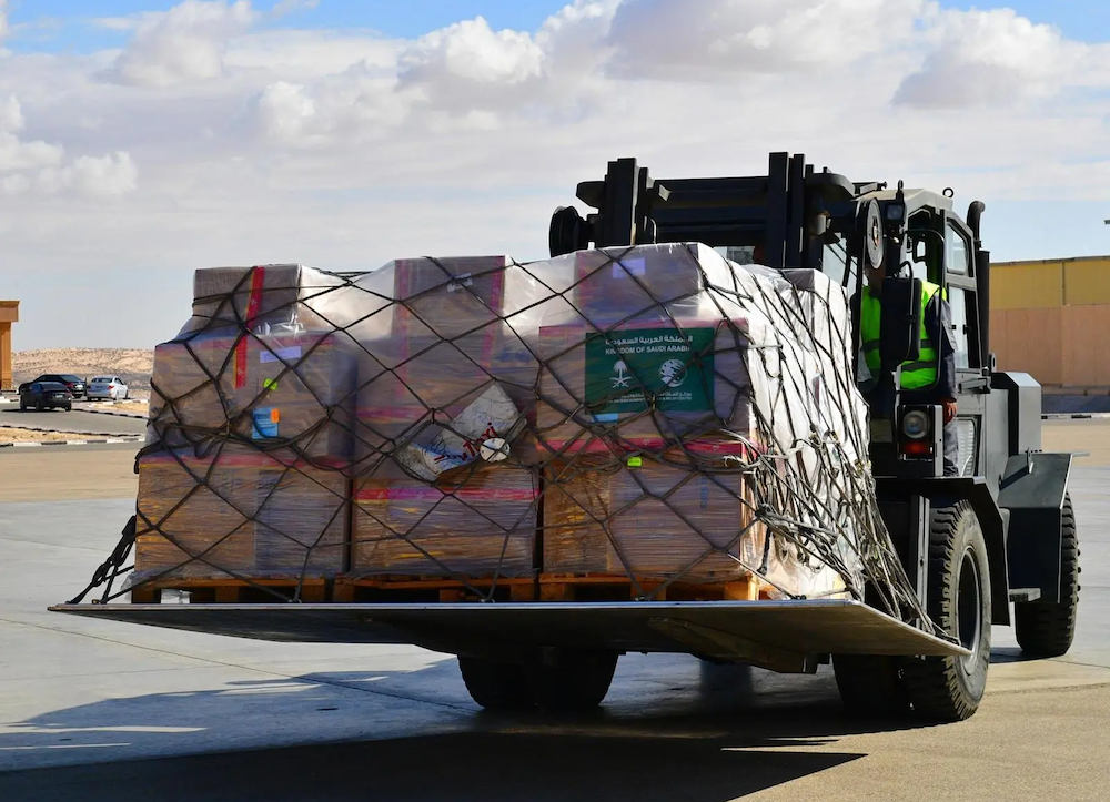 The plane transported 35 tons of materials, including food and shelter, as part of the Saudi campaign to assist the people of Gaza, the Saudi Press Agency reported. (SPA)
