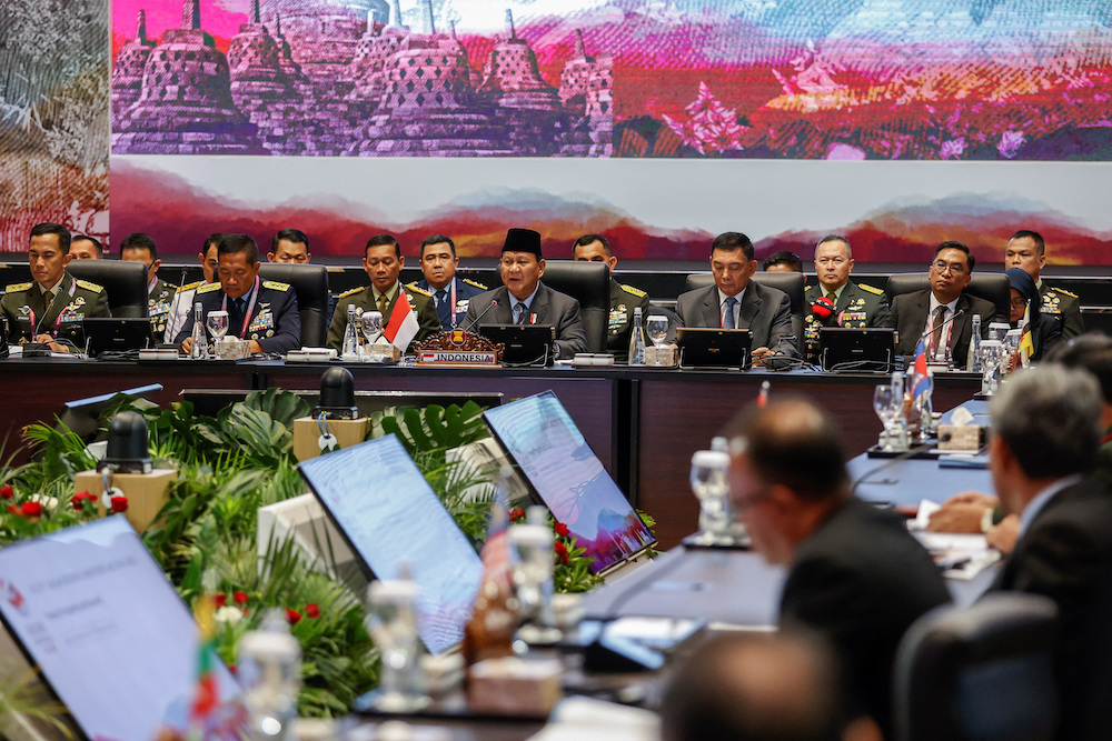 Indonesia’s Defense Minister Prabowo Subianto delivers his remark during the 17th Association of Southeast Asian Nations Defense Ministers Meeting in Jakarta on Nov. 15, 2023. (Reuters)