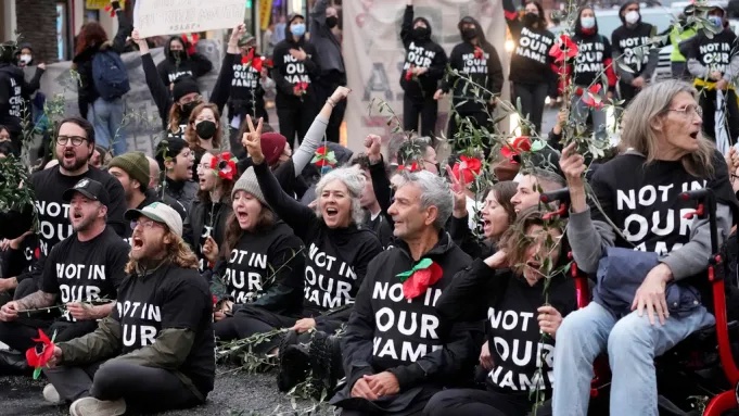 A staged sit-in by Jewish peace activists in Los Angelos calling for a ceasefire in Gaza. (File/AP)