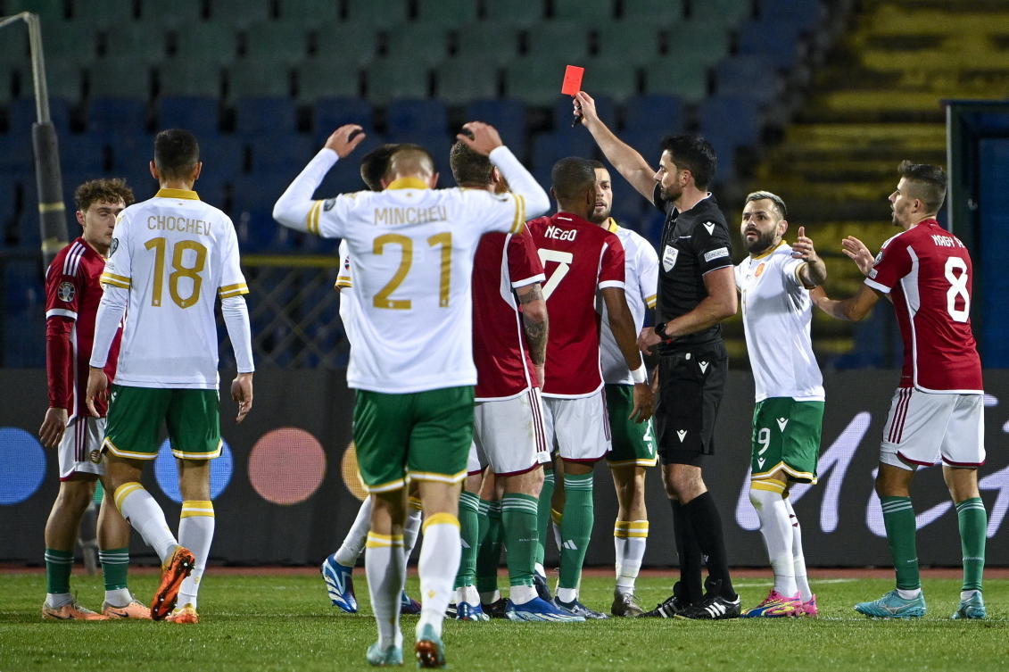 Referee Daniel Stefanski gives a red card to a Bulgarian player during the Bulgaria vs Hungary UEFA Euro 2024 Group G qualifying match in Vasil Levski National Stadium in Sofia on Nov. 16, 2023. (AP)