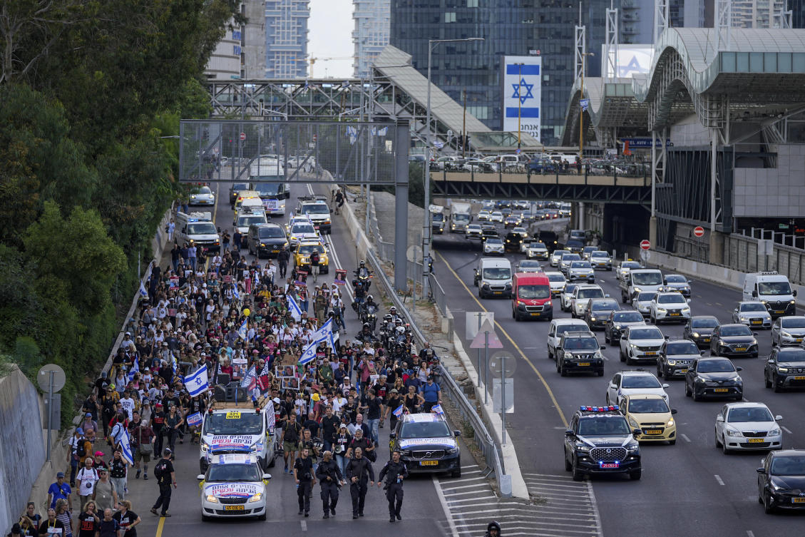 Families and friends of about 240 hostages held by Hamas in Gaza call for their return as they begin a five-day "March for the Hostages" from Tel Aviv to the Prime Minister's Office in Jerusalem, on Nov. 14, 2023. (AP)