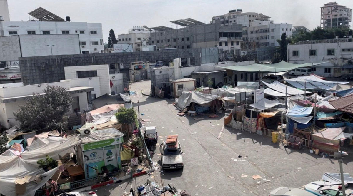 Tents and shelters used by displaced Palestinians stand at the yard of Al Shifa hospital during the Israeli ground operation around the hospital, in Gaza City. (File/Reuters)